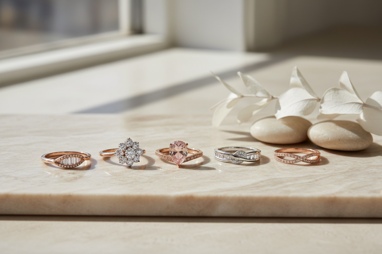 erstelle mir ein ästhetisches bild für schmuck ringe mit einem beigen marmor hintergrund