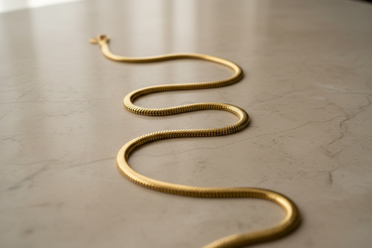 erstelle mir in PNG 1280 x 2000 eine goldene Halskette in einem schlangen optik ästhetisch mit einem beigen marmor hintergrund