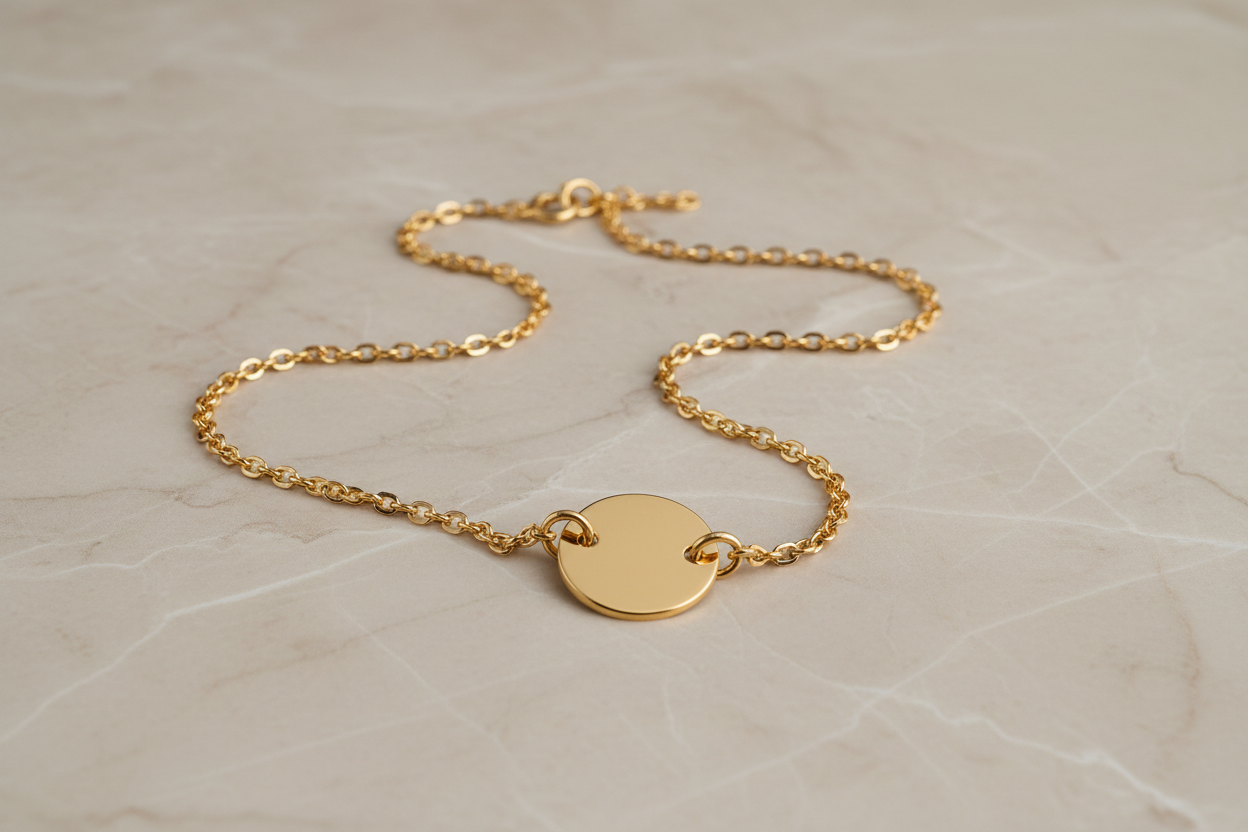 erstelle mir in PNG 1280 x 2000 eine goldenen armband mit einem kreisanhänger ästhetisch mit einem beigen marmor hintergrund